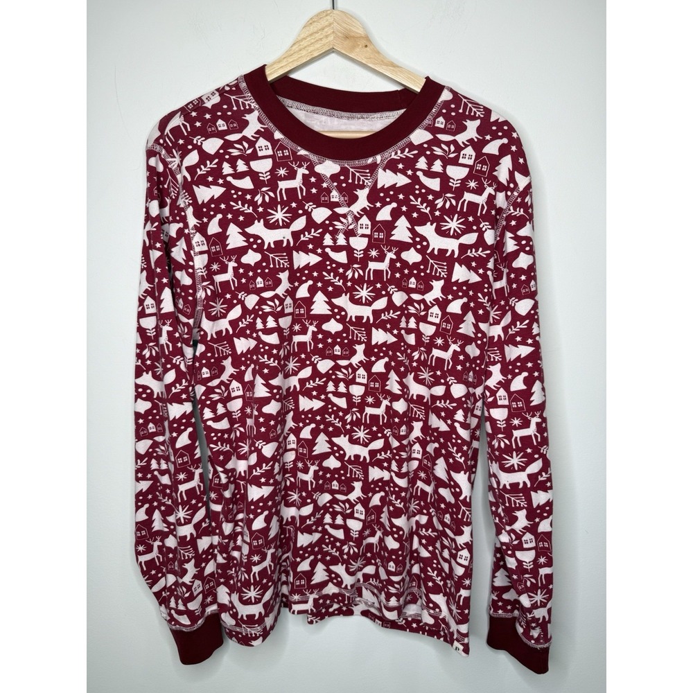 Pact Organic Cotton Christmas Pajama Top Women's‎ L Red Long Sleeve Holiday Fox
